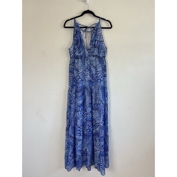 BOSTON PROPER Size 10 Boho Summer Peasant Tiered Maxi Dress Blue Feather Print - Picture 2 of 13